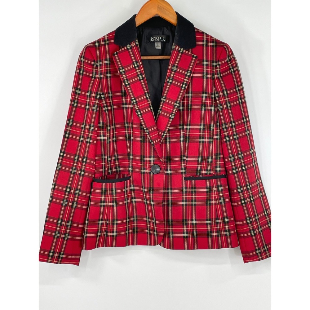 Kasper Womens Blazer 6 Jacket Red Plaid Velvet Trim Tartan Holiday Career